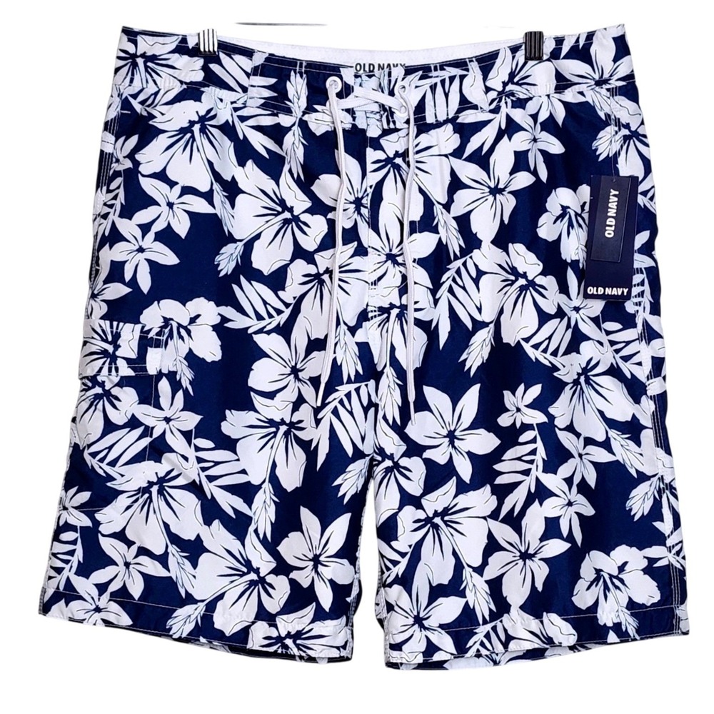Old Navy Mens Hibiscus Floral Board Shorts Hyper Blue White Mesh Lined Large NWT